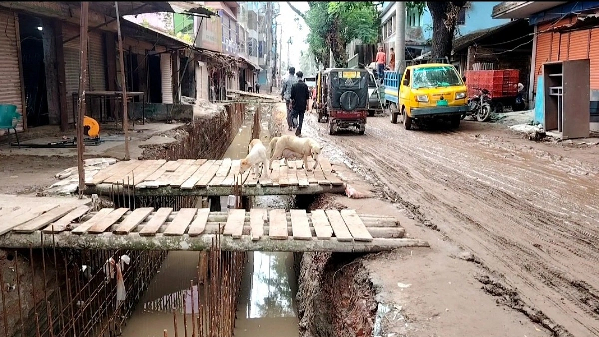 পাকা রাস্তাটি যেন হালচাষের জমি