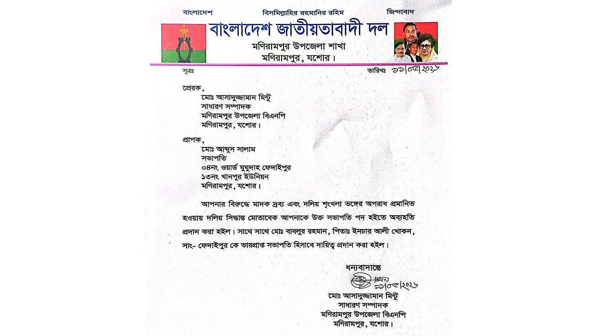 মাদক সম্পৃক্ততার প্রমাণ পাওয়ায় বিএনপি নেতাকে অব্যাহতি