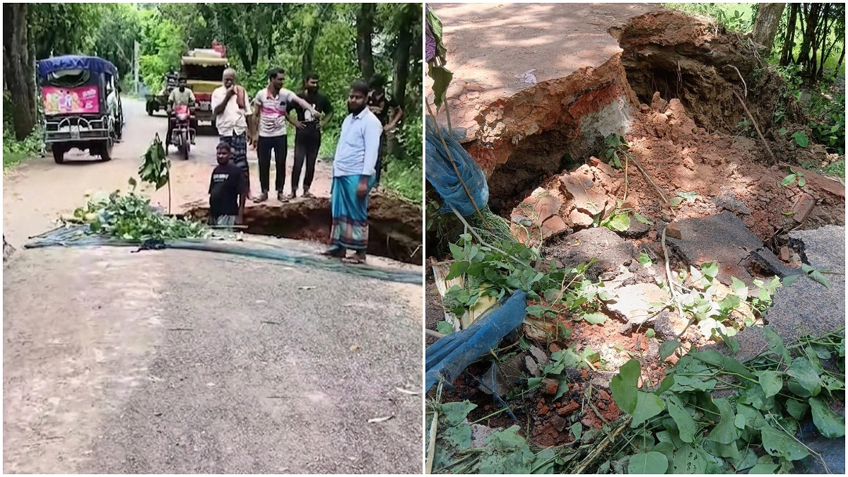 টানা বৃষ্টিতে গাংনীর সড়কে ভাঙন, আতঙ্কে এলাকাবাসী