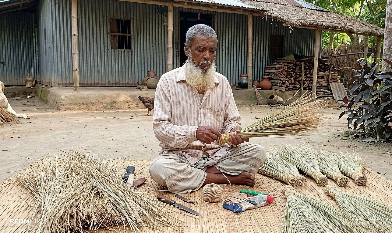 ঝাড়ু তৈরি করছেন রাশেদ মিয়া