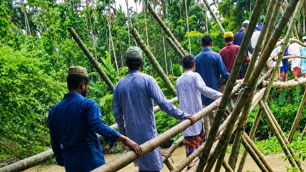 ঝুঁকিপূর্ণ বাঁশের সাঁকোই দুই উপজেলার মানুষের ভরসা