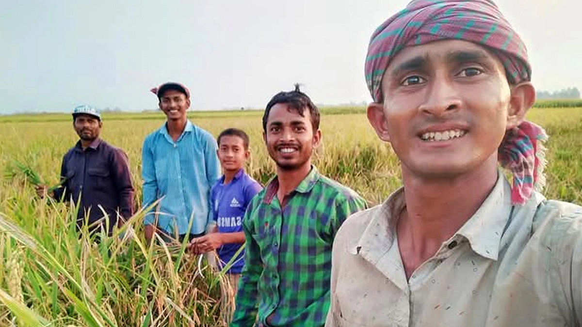চার ছেলেকে সঙ্গে নিয়ে জমির পাকা ধান কাটছিলেন রবীন্দ্র দাস। মেজো ছেলে রাহুলের সেলফিতে সবাই