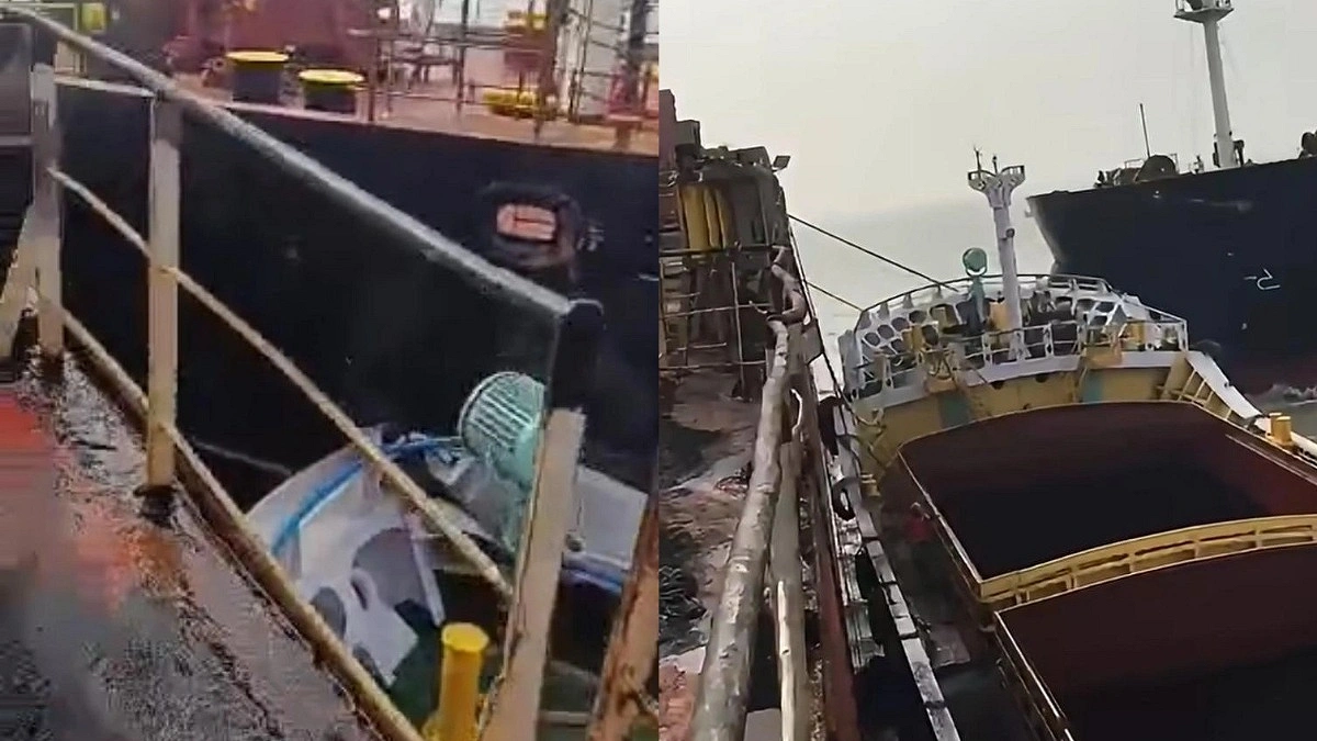 নিয়ন্ত্রণ হারিয়ে লাইটার জাহাজকে মুচড়ে দিল বিদেশি জাহাজ