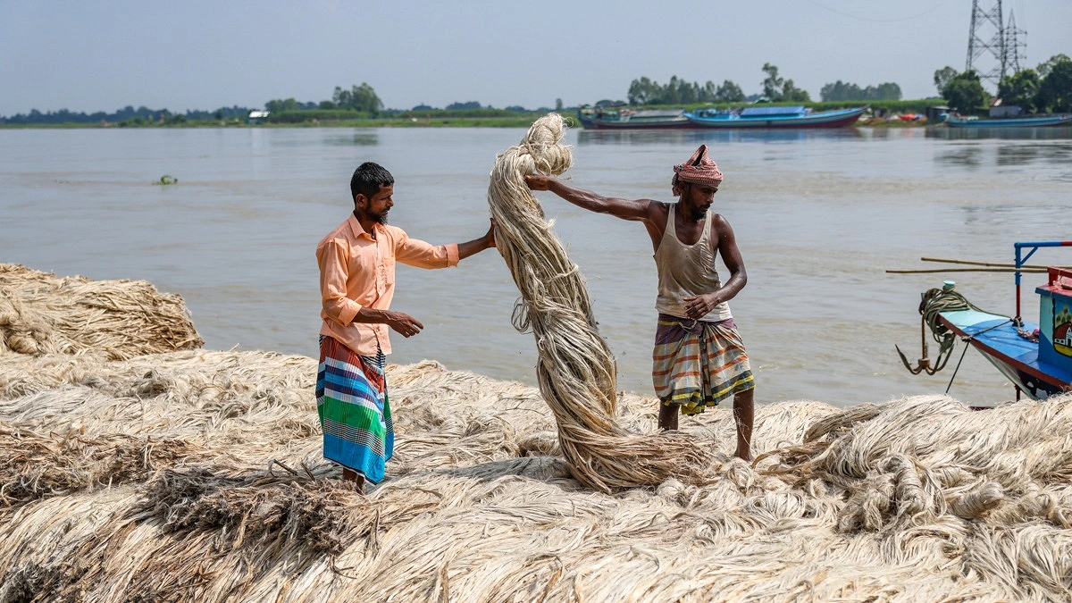 ট্রলারভর্তি পাটের স্তূপ থেকে আঁটি গুছিয়ে রাখছেন শ্রমিকেরা