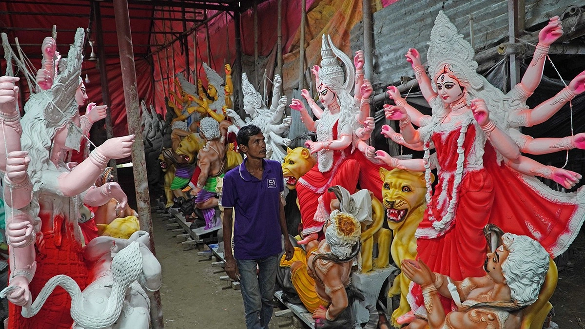 প্রতিমা দেখতে এসেছেন এক দর্শনার্থী।