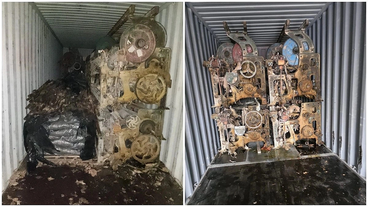 Fraudulence: Old machinery at front, high-duty parts hidden behind container